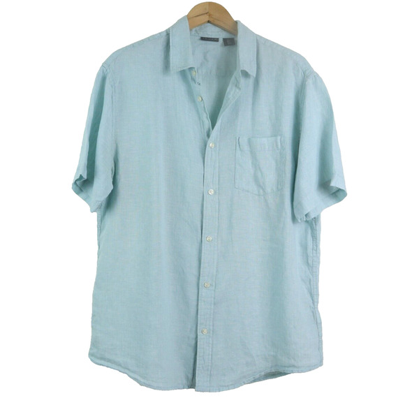 Tahari Men's L Woven Linen Button Down Shirt Short Sleeve Light Blue - Picture 1 of 8